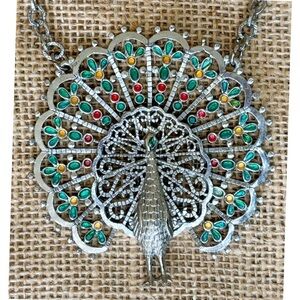 Vintage Gold Crown Inc Silver Tone Peacock Necklace Colorful Bird Pendant